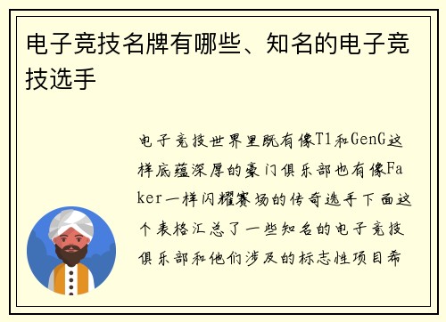 电子竞技名牌有哪些、知名的电子竞技选手